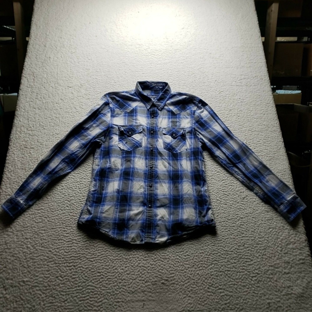 American Eagle Outfitters Shirt Mens Large Blue Plaid Western Long Sleeve Casual